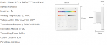 Commande murale encastr&eacute;e Mi Light RGB + CCT Touch, 4 zones 220V