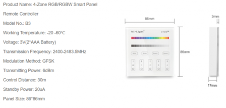 Mi Light RGB + W Touch Commande murale mont&eacute;e en surface, sans fil 4 zones