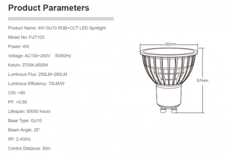 LED GU10 spot 4W RGB+CCT Multikleur + Dual White (2700K - 6000K)