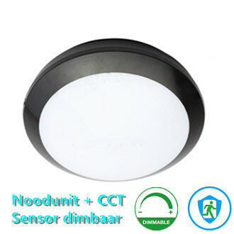 Led plafonni&egrave;re premium 16W &Oslash;300mm + dimbaar Sensor + nood white switch IP66 IK10 Zwarte behuizing