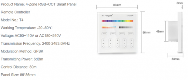 Mi Light RGB+CCT Touch Inbouw wandbediening, 4-zones 220V