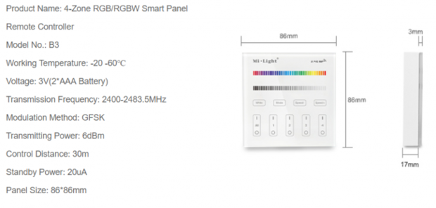 Mi Light RGB+W Touch opbouw Wandbediening, draadloze 4-zones