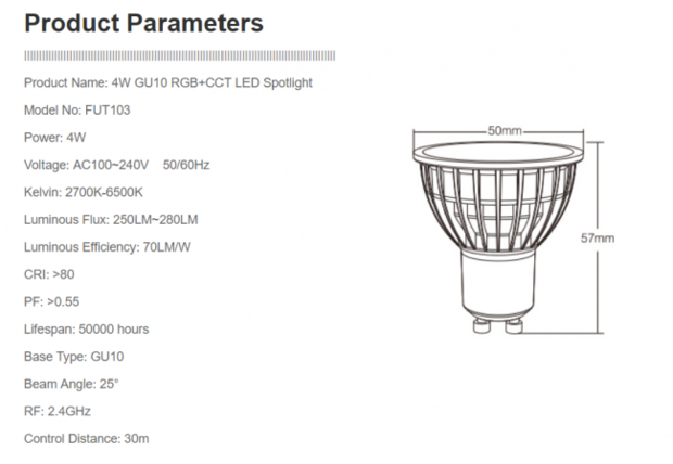 LED GU10 spot 4W RGB + CCT Multicolor + Dual White (2700K - 6000K)