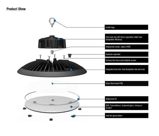 LED high bay UFO PROTEK 150w 6000k/Daglicht 1-10V dimbaar – 90° flikkervrij
