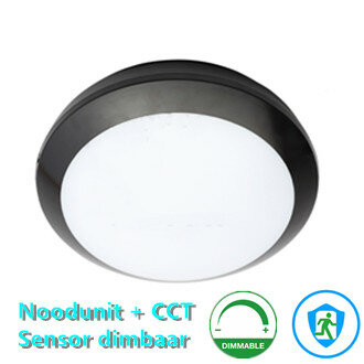 LED Deckenleuchte Premium 16W Ø300mm + dimmbar Sensor + Notschalter weiß IP66 IK10 Schwarzes Gehäuse