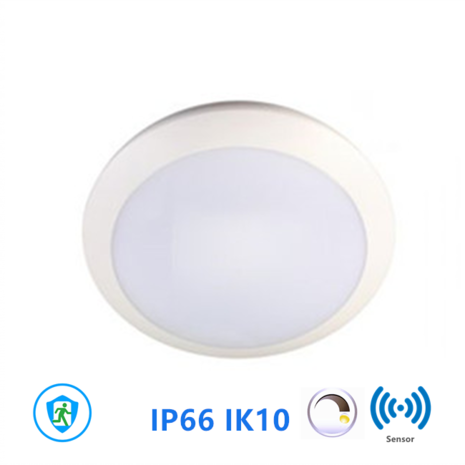 LED ceiling light 16W Ø300mm IP66 IK10 with sensor and emergency unit 3000k warm white * Dimmable sensor
